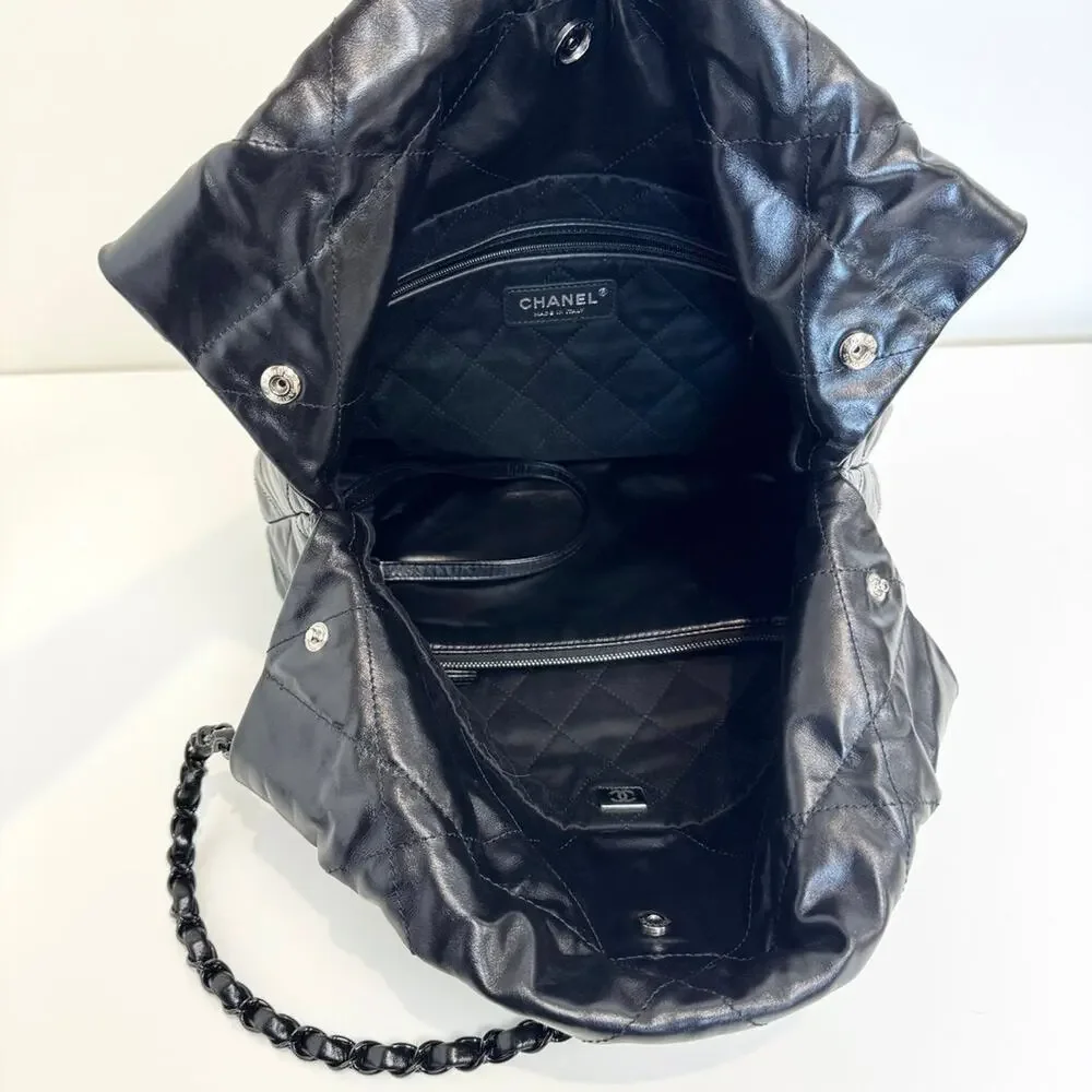 CHANEL 22 So Black Small Quilted Lambskin Tote Logo Shoulder Hobo Bag w Pouch